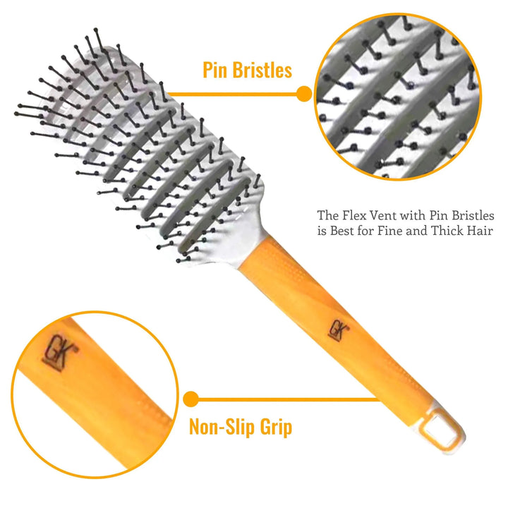 GK Hair Vent Brush 2.5 inch Pro callouts for Pin Bristles and Non-Slip Grip: the Flex Vent is best for fine and thick hair
