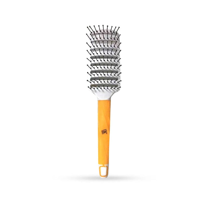 GK Hair Vent Brush 2.5 inch Pro upright on white: vented white head with black pin bristles and an orange handle with a hang loop