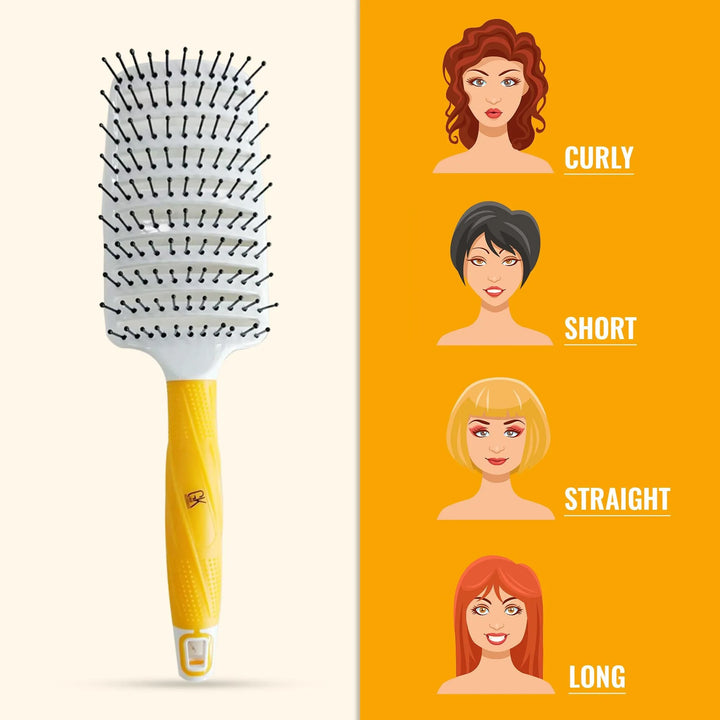 GK Hair Vent Brush 3 inch Pro beside illustrated faces labeled Curly, Short, Straight and Long on an orange panel
