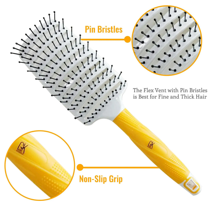 GK Hair Vent Brush 3 inch Pro callouts for Pin Bristles and Non-Slip Grip: the Flex Vent is best for fine and thick hair