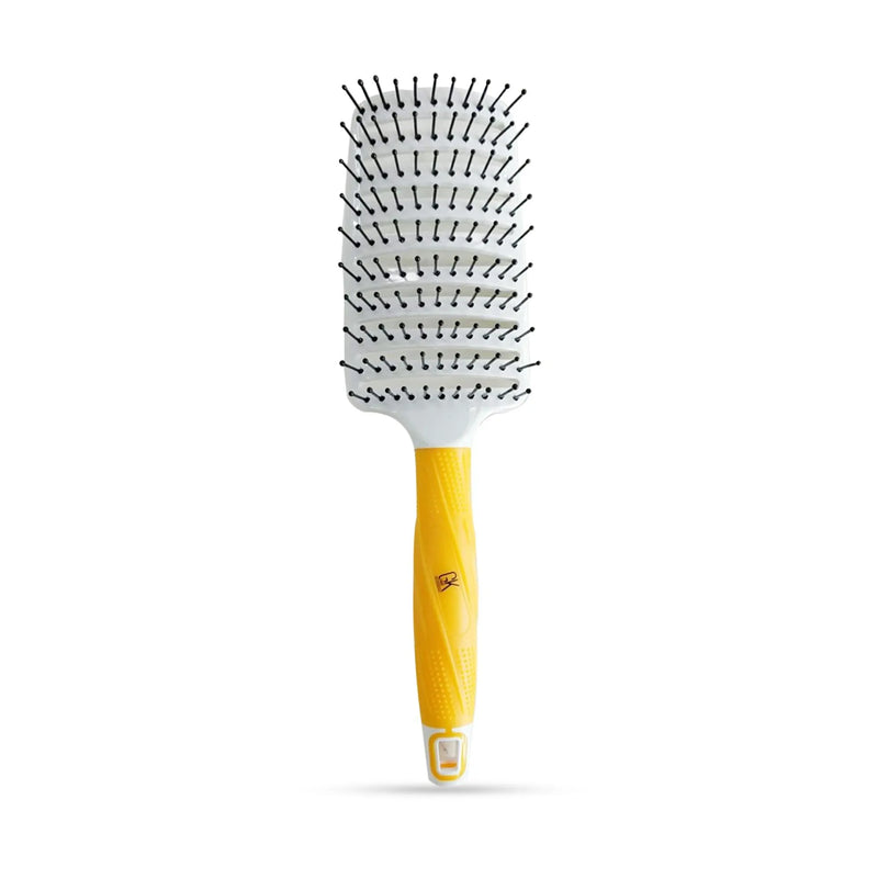 GK Hair Vent Brush 3 inch Pro upright on white: wide vented white head with black pin bristles and a yellow non-slip handle