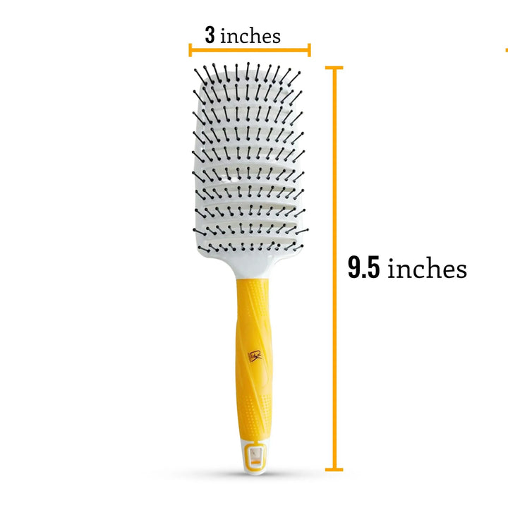 GK Hair Vent Brush 3 inch Pro with measurement arrows marking the head 3 inches wide and the brush 9.5 inches long