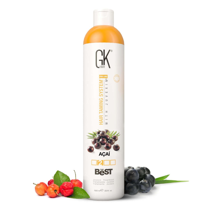 GK Hair The Best Acai 1000 ml treatment bottle with orange cap, front view, acai berries and acerola cherries at its base