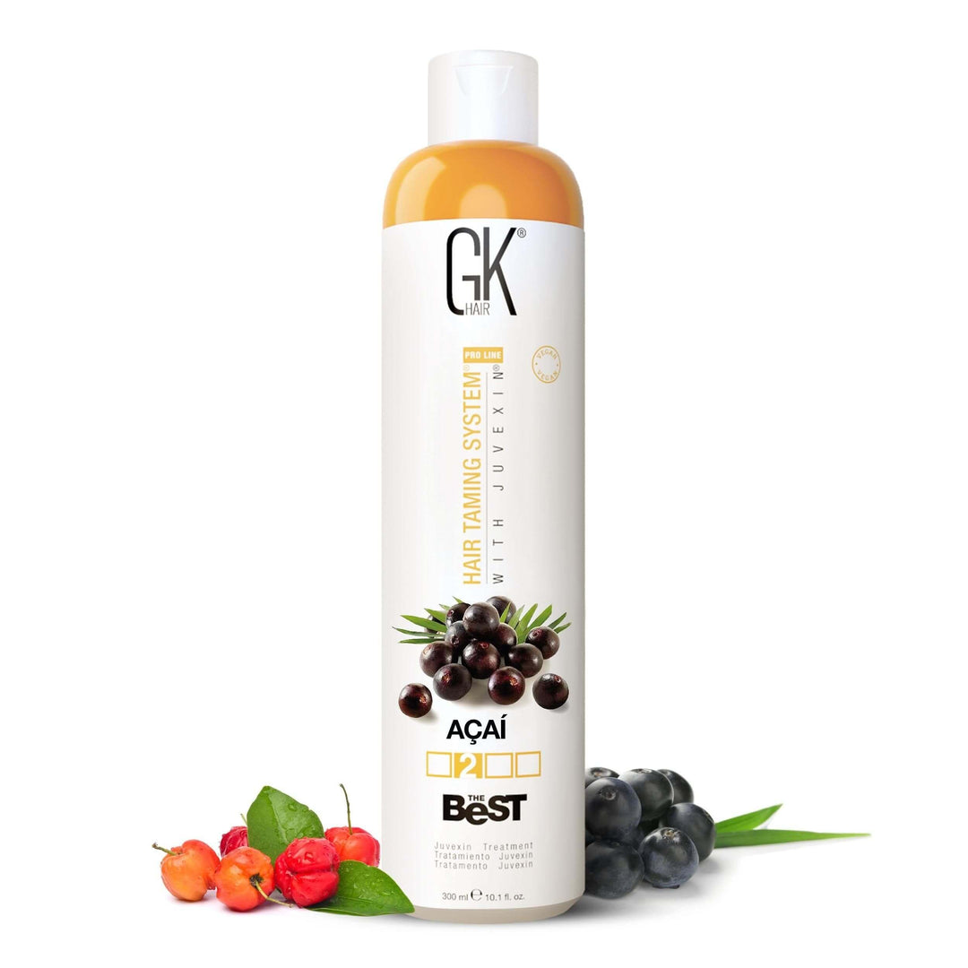GK Hair The Best Acai 300 ml treatment bottle, front view, with acai berries and acerola cherries scattered around its base