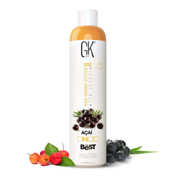 GK Hair The Best Acai 300 ml treatment bottle, front view, with acai berries and acerola cherries scattered around its base