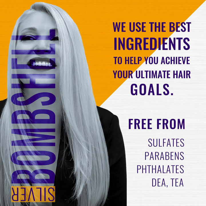 GK Hair Silver Bombshell ad, silver-haired model, "We use the best ingredients", free from sulfates, parabens, phthalates, DEA, TEA