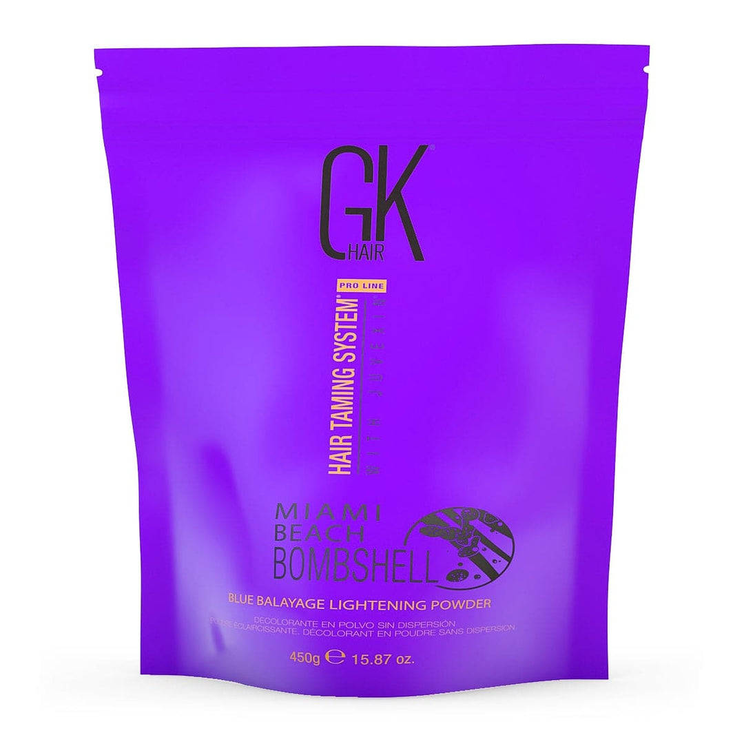 GK Hair Miami Beach Bombshell Blue Balayage Lightening Powder 450 g purple pouch, front of pack on white
