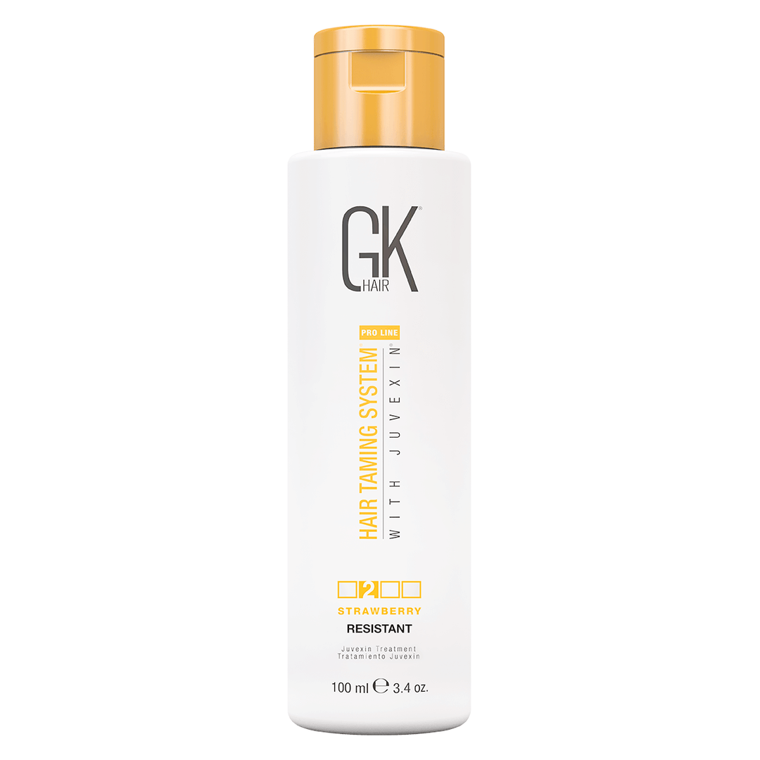 GK Hair Pro Line Strawberry Resistant Juvexin treatment, 100 ml / 3.4 oz white bottle with a gold cap, front view