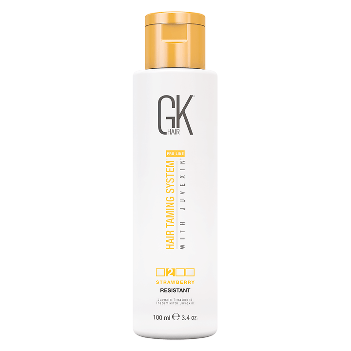 GK Hair Pro Line Strawberry Resistant Juvexin treatment, 100 ml / 3.4 oz white bottle with a gold cap, front view