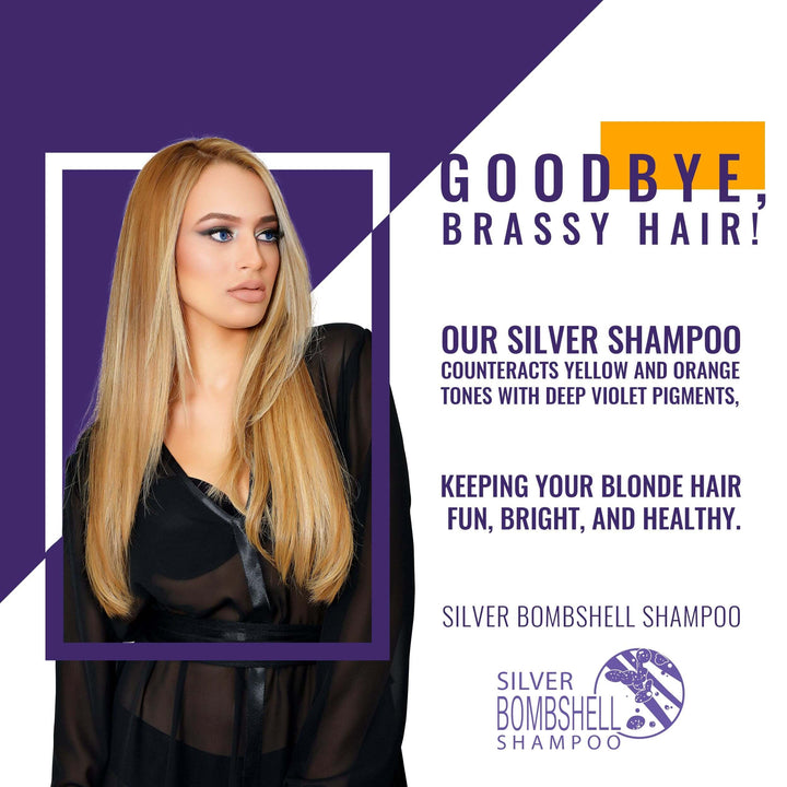 Goodbye, Brassy Hair! banner with a blonde model: Silver Bombshell Shampoo counteracts yellow and orange tones with violet